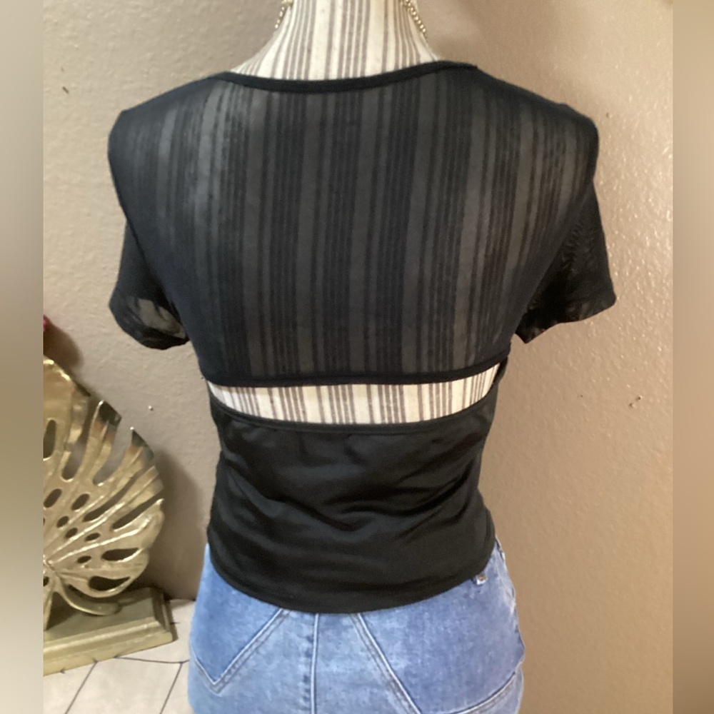CIDER Elegant Black Ruched Mesh Top - Picture 5 of 9